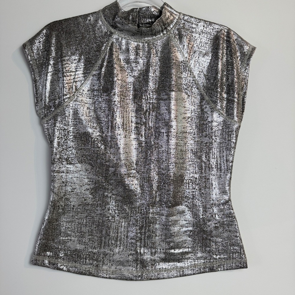 Pilcro Metallic Silver Mock Neck Cap Sleeve Top Small Party‎ Cocktails Wedding - Picture 3 of 12